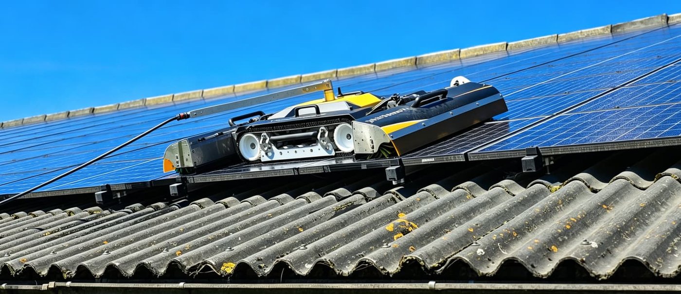 Reinigingsrobot in actie op zonnepanelen